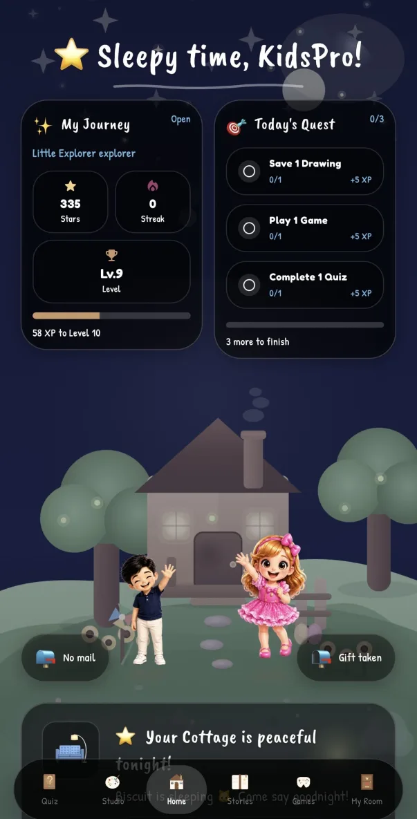 KidsPro home screen showing daily quests, journey progress, and the cozy cottage scene at night