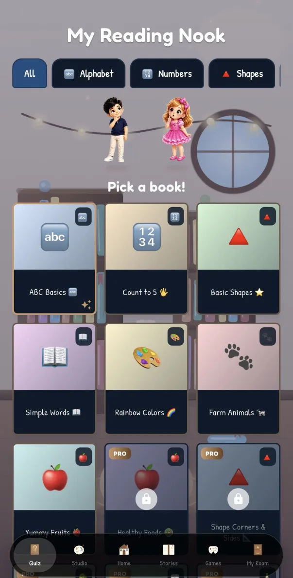 KidsPro quiz section — My Reading Nook with ABC, numbers, and shapes categories