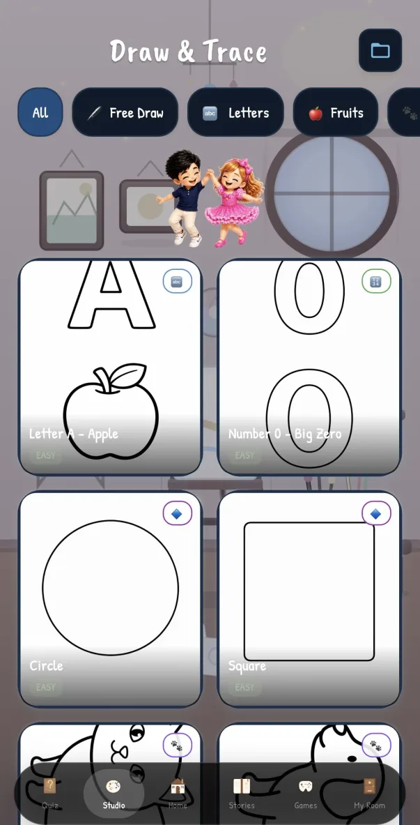 KidsPro drawing studio — Draw & Trace with letter tracing, shapes, and free draw