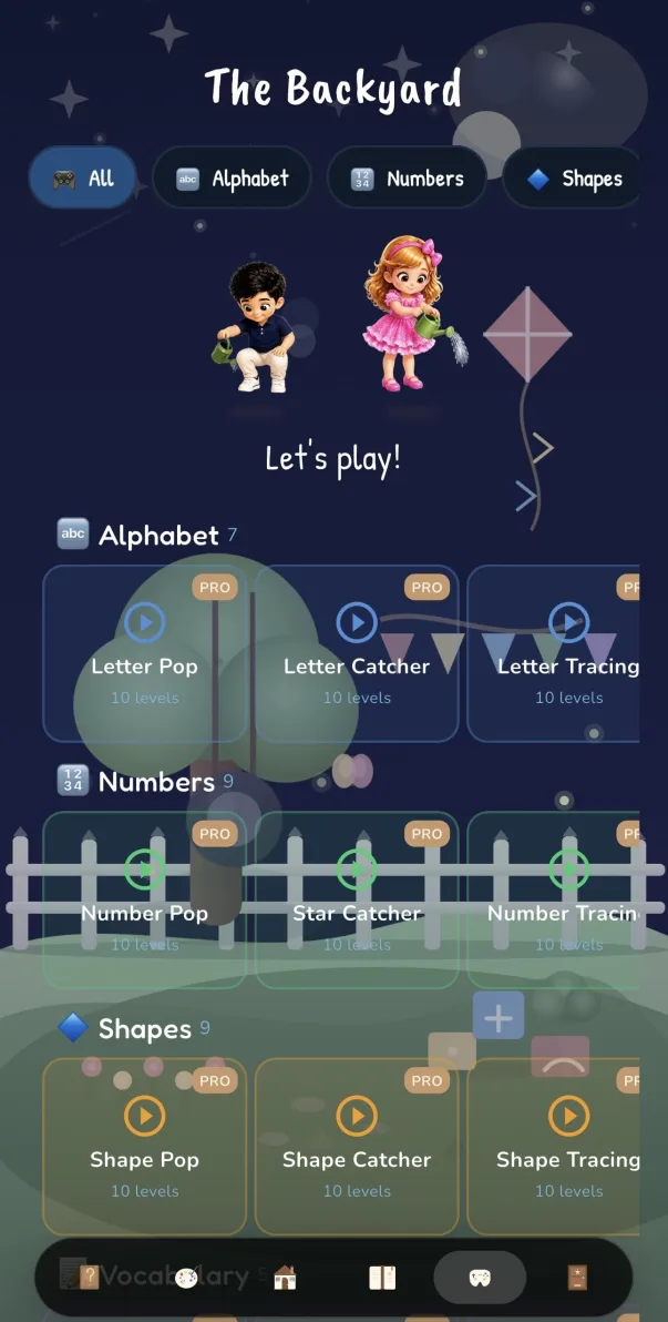 KidsPro games section — The Backyard with alphabet, numbers, and shapes game categories