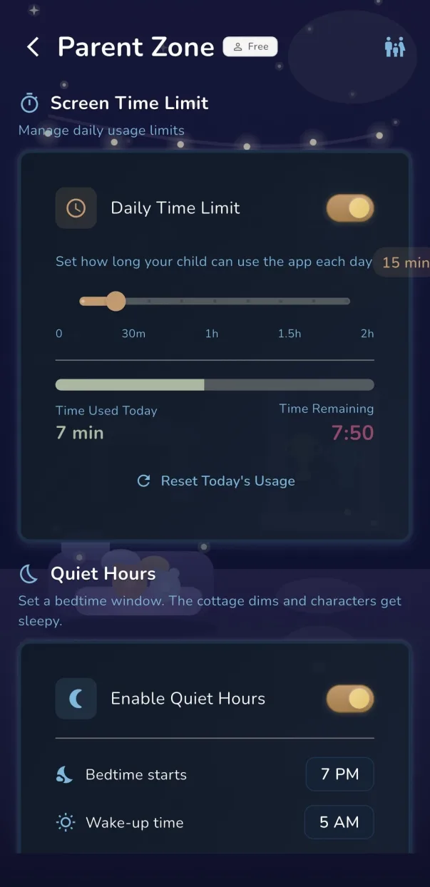 KidsPro parent zone with screen time limits, quiet hours, and daily usage controls